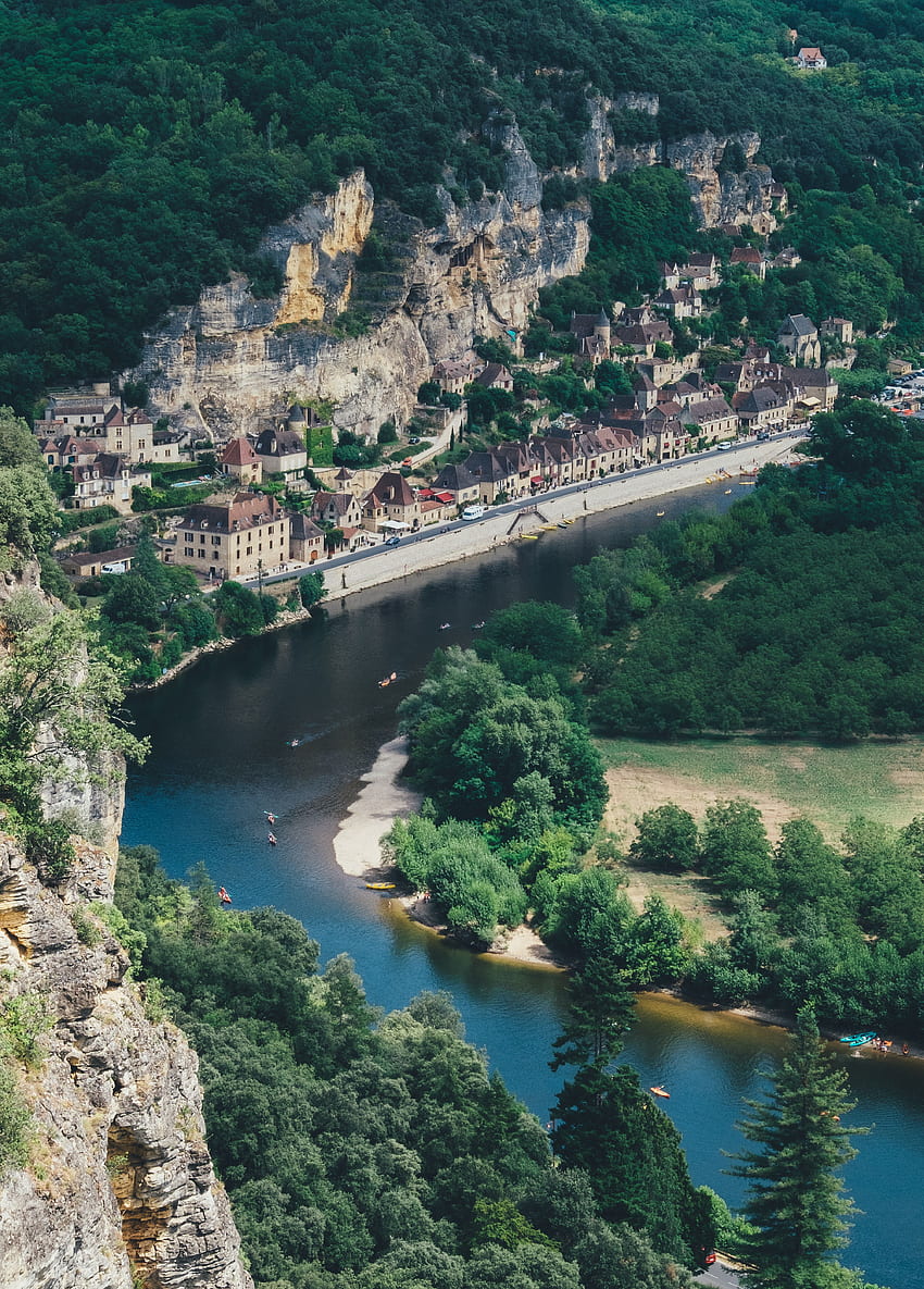 Cities, Rivers, Mountains, Rock, France, Countryside, Dordogne, Kayaks HD phone wallpaper