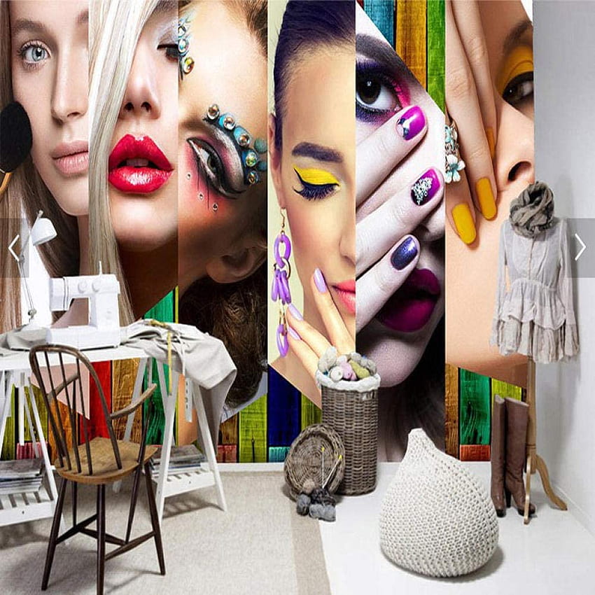 Mbwlkj พื้นหลังของ 3D Fashion Fresco Beauty Salon เสื้อผ้า เครื่องสำอาง เล็บ เย็บปักถักร้อย ร้านตกแต่ง 150 ซม. x 100 ซม. เครื่องสำอางที่สวยงาม วอลล์เปเปอร์โทรศัพท์ HD