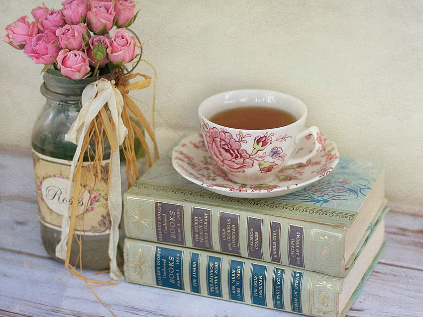 Tea rose Flowers Cup books Saucer HD wallpaper