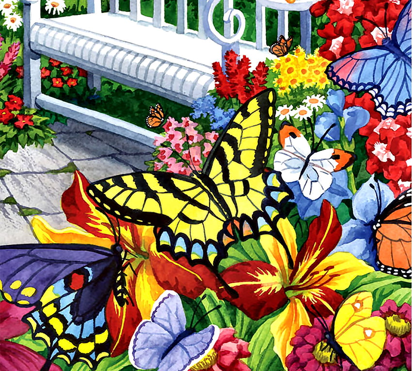 蝶がいっぱいの庭 FC, アートワーク, 蝶, ワイド スクリーン, 野生動物, 絵画, アート, 美しい, イラスト 高画質の壁紙