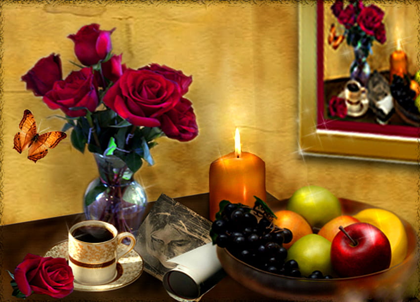 Mirror , mirror, table, bolw, roses, vase, coffee cup, still life, painting, butterfly, candle, fruit, graph, bowl, saucer HD wallpaper