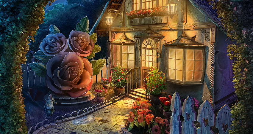 Blumen, Kunst, kleines Haus, Hütte, Hof, Hof, Fee, fabelhaft HD-Hintergrundbild