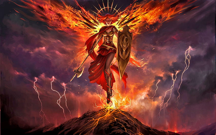 Fantasy Woman Girl Angel Angel Warrior Fire Wings Shield Weapon Lightning Magic The Gathering Woman - Resolution: HD wallpaper
