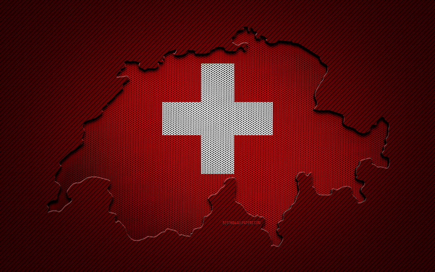 Peta Swiss, negara-negara Eropa, bendera Swiss, latar belakang karbon merah, siluet peta Swiss, bendera Swiss, Eropa, peta Swiss, Swiss, bendera Swiss Wallpaper HD