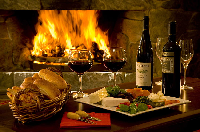 By the fireplace, tall glasses, two, winter, table, eating out, moments, fireplace, romance, bottles, autumn, fire, wine HD wallpaper