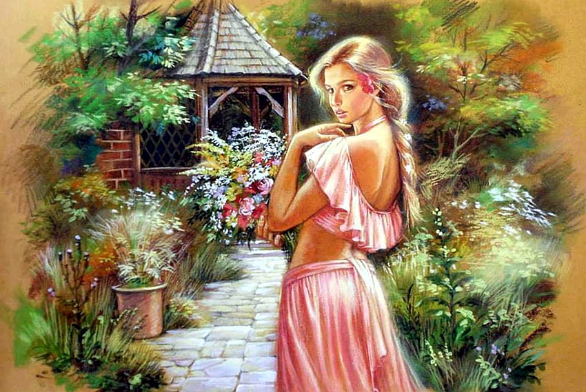 Beautiful Garden, artwork, painting, path, gazebo, flowers, girl HD wallpaper