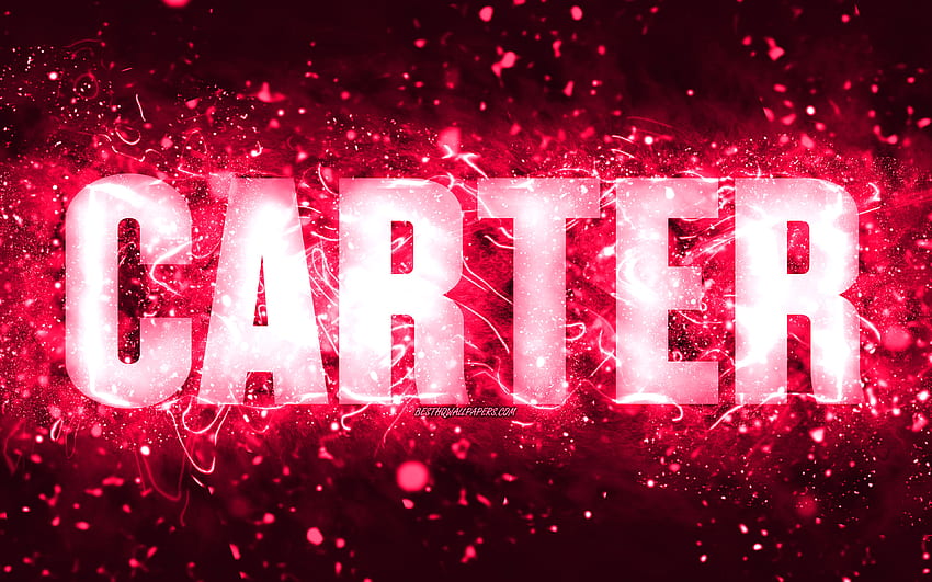 Happy Birtay Carter, luces de neón rosas, nombre Carter, creativo, Carter Happy Birtay, Carter Birtay, nombres femeninos estadounidenses populares, con el nombre Carter, Carter fondo de pantalla