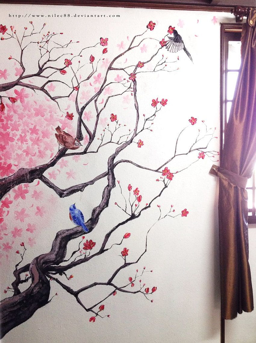 Muro di fiori di ciliegio, arte giapponese degli uccelli Sfondo del telefono HD