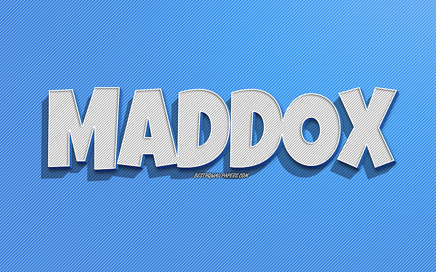 マドックス、青い線の背景、名前、マドックスの名前、男性の名前、マドックスのグリーティング カード、ライン アート、マドックスの名前 高画質の壁紙
