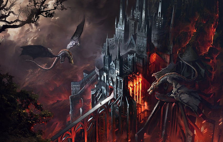 Drache, Kathedrale, Feuer, Schloss, Flamme, Fantasie, Drache, flammender Drache HD-Hintergrundbild