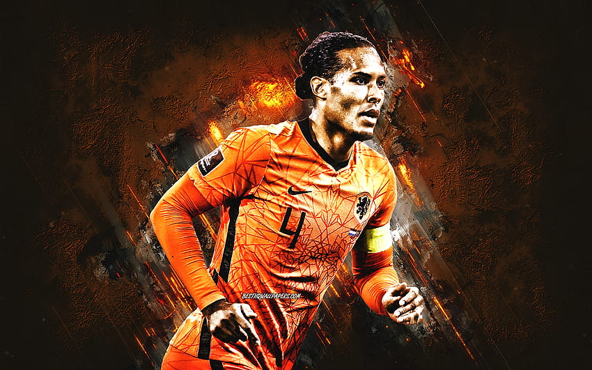Върджил ван Дайк, холандски национален отбор по футбол, холандски футболист, портрет, Холандия, фон от оранжев камък, футбол, гръндж изкуство HD тапет