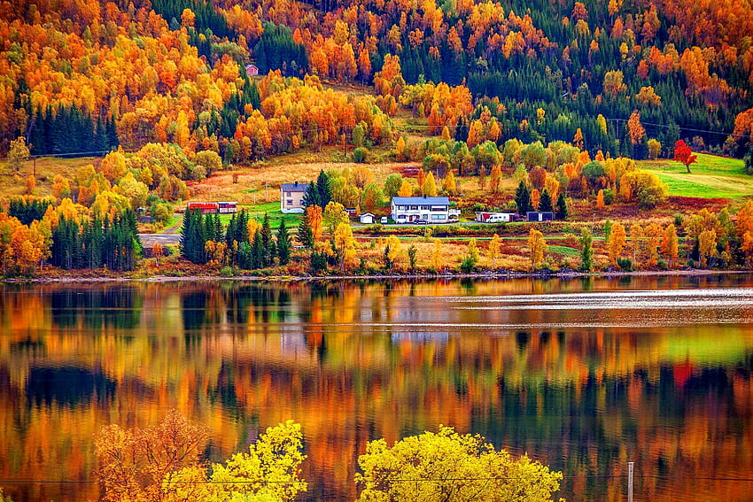 Herbst in Norwegen, Herbst, Herbst, Farben, schön, bunt, Fluss, Norwegen, Berge, Spiegelung, Bäume, Wald HD-Hintergrundbild