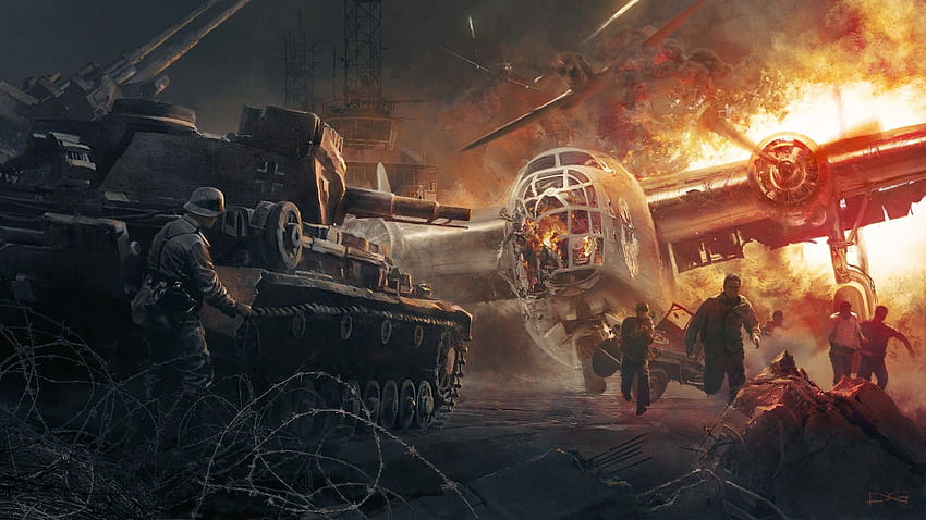 Military - Battle - WWII - World War - Airplane - Plane - Bomber - Explosion - Fire - Tank, World War 2 HD wallpaper