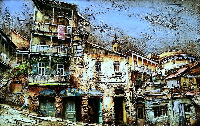 minyak Tbilisi tua di atas kanvas pemandangan kota jalan Tbilisi tua, Tiflis Wallpaper HD