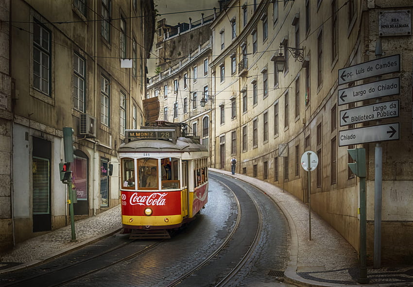 paisagem urbana, Portugal, Lisboa, Tram, Coca Cola / e Mobile Background papel de parede HD