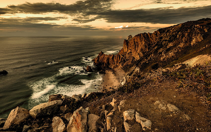 coast, rocky coast, evening, sunset, seascape, beach, beautiful sunset, sea HD wallpaper