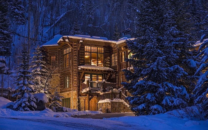 natura, alberi, foresta, architettura, Colorado, USA, casa, inverno, neve, sera, luci, legno, di lusso e mobile, casa invernale Sfondo HD