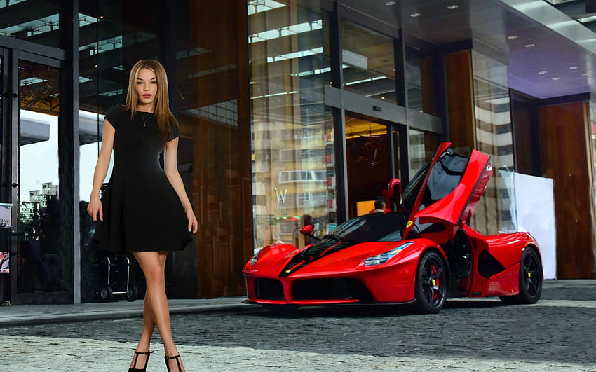 Nici Dee et une Ferrari LaFerrari, modèle, blonde, rouge, ferrari, robe Fond d'écran HD