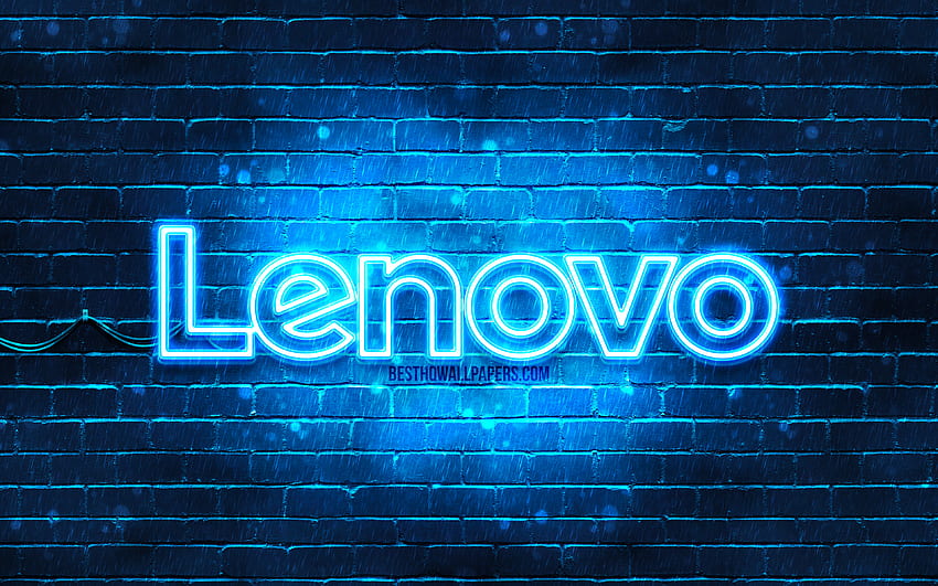 โลโก้สีน้ำเงินของ Lenovo, ผนังอิฐสีน้ำเงิน, โลโก้ Lenovo, แบรนด์, โลโก้นีออนของ Lenovo, Lenovo สำหรับที่มีความละเอียด คุณสูง วอลล์เปเปอร์ HD