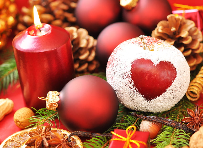 Lebensmittel, Apfel, Zapfen, Neujahr, Pulver, Weihnachten, Urlaub, Nadeln, Herz, Bälle, Kerze HD-Hintergrundbild