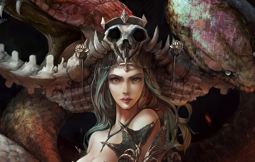 sake, girl, fantasy, snake, Queen, crown, face, artwork, Queen Skull HD wallpaper