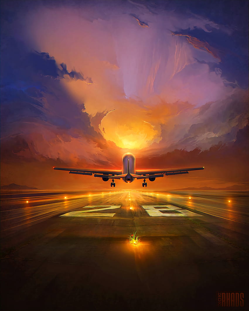 พระอาทิตย์ตก ท้องฟ้า ศิลปะ เครื่องบิน เครื่องบิน รันเวย์ วอลล์เปเปอร์โทรศัพท์ HD