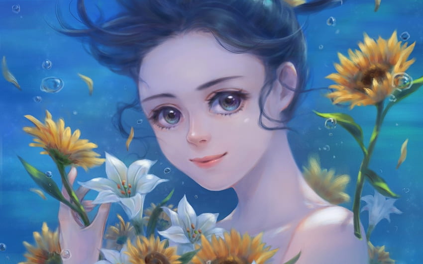 Bawah air, biru, putih, putri duyung, frumusete, gadis, pai yu, musim panas, lilly, fantasi, bunga, kuning, luminos Wallpaper HD