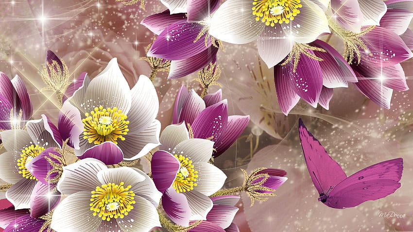 Blumenüberraschung, weiß, Sterne, Frühling, Seide, Sommer, lila, Schmetterling, abstrakt, Glanz, Blumen HD-Hintergrundbild