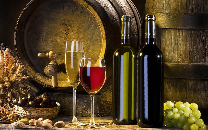 Бяло и червено вино в изба, Бъчва за вино HD тапет
