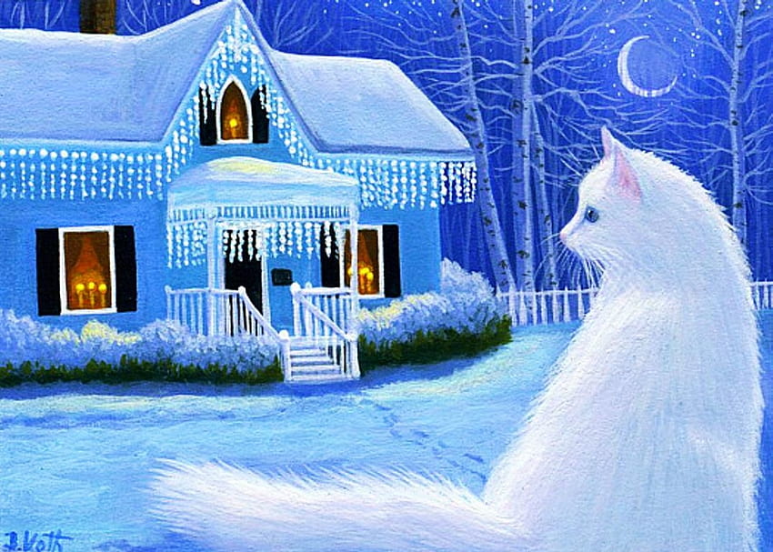 イザベル、冬、家、猫、アートワーク、季節、絵画、雪、クリスマス、氷のつらら 高画質の壁紙