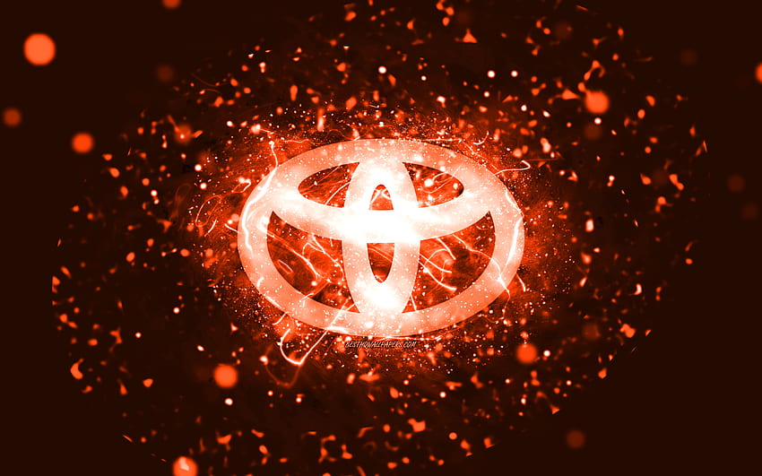 Pomarańczowe logo Toyota, pomarańczowe neony, kreatywne, pomarańczowe abstrakcyjne tło, logo Toyota, marki samochodów, Toyota Tapeta HD