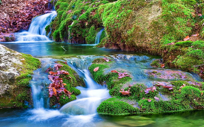 Spring Waterfall, river, leaves, cascades, landscape, trees, forest HD wallpaper