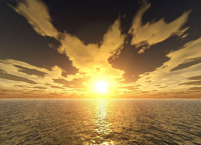 Ocean Sky 3D Sunset, horizon, wawe, awesome, morning, graphy, gold, sunrise, nice, day, ripple, abstract, seascape, paysage, amazing, water, ocean, sunset, sea, 3d and cg, lagoons, afternoon, beautiful, lakes, hop, yellow, cool, clouds, nature, sky, paisage, rivers HD wallpaper