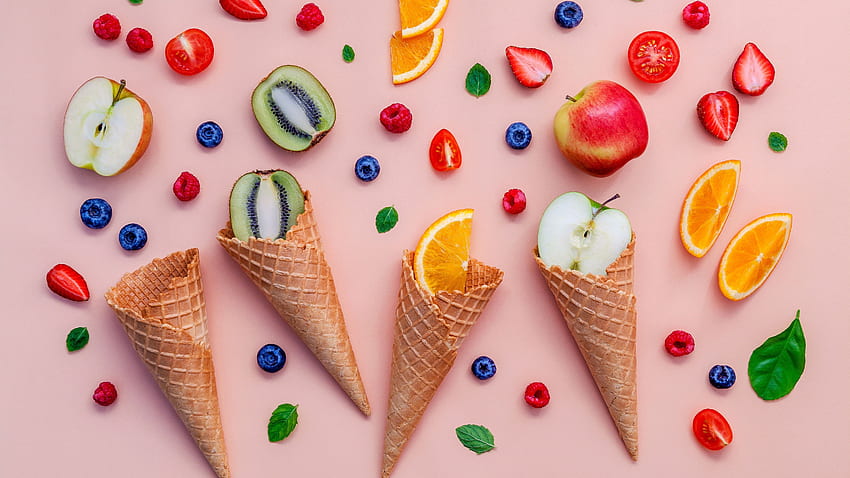 Cono de helado, rodaja de fruta, kiwi, naranja, manzana fondo de pantalla