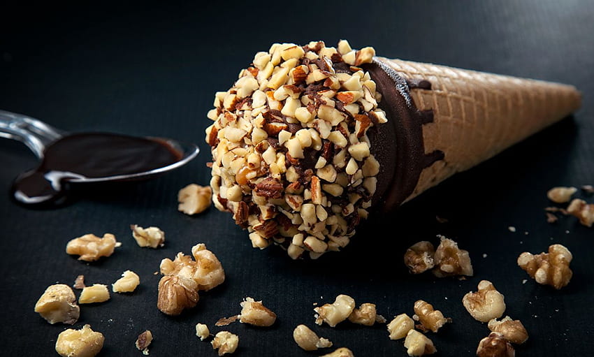 Ice cream cone Chocolate Ice cream Walnut Nuts HD wallpaper