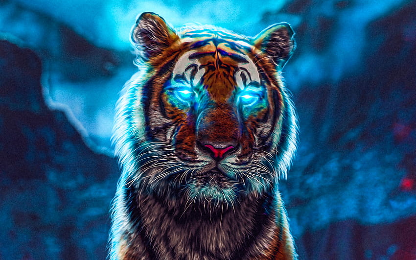 Abstract Tiger, olhos azuis, criativo, predadores, tigre à noite, escuridão, tigre papel de parede HD