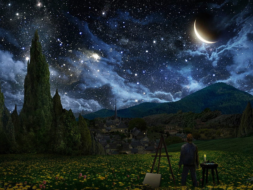 Inspirational Night, night, inspiration, man, stars, fields, trees, flowers, painter, mountains, crescent moon HD wallpaper