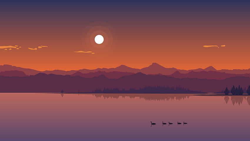 Lake, sunset, mountains, silhouette, minimal HD wallpaper
