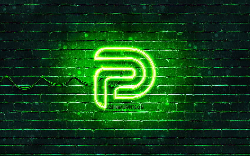 Logotipo verde de Parler, pared de ladrillo verde, logotipo de Parler, redes sociales, logotipo de neón de Parler, Parler fondo de pantalla