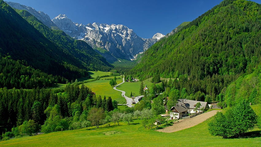 Green Field Spring Alpine Valley Landscape Mountains, 1366 by 768 Landscape HD wallpaper