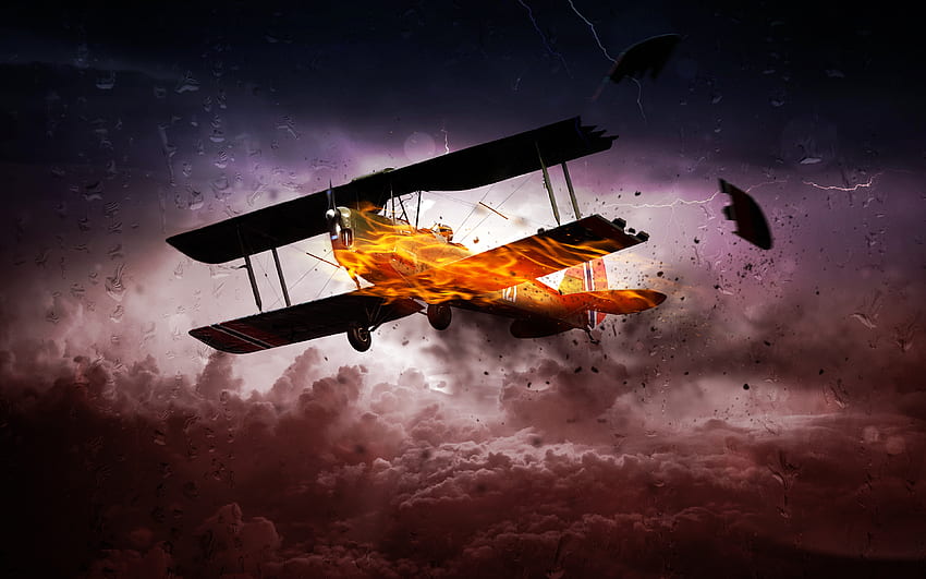 폭풍, 불타고 있는 비행기, 디지털 아트 HD 월페이퍼