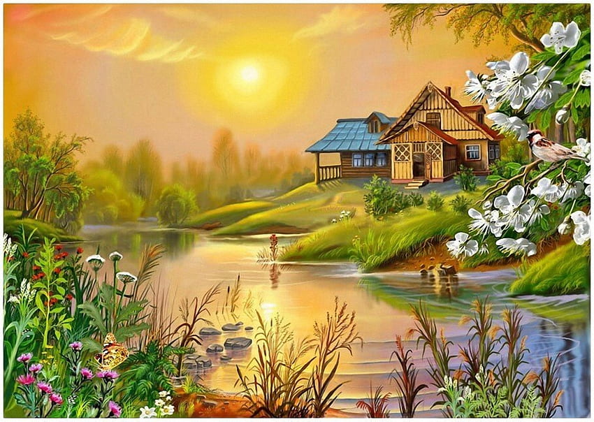 Place of Dreams, water, sun, house, blossoms HD wallpaper