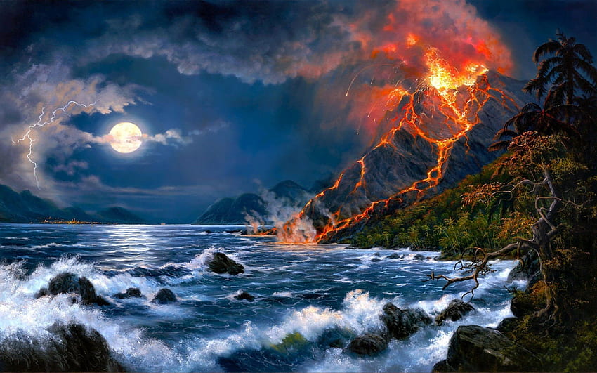 火山、山、溶岩、自然、風景、山、火、アートワーク、海、海、絵画、モバイルの背景 高画質の壁紙