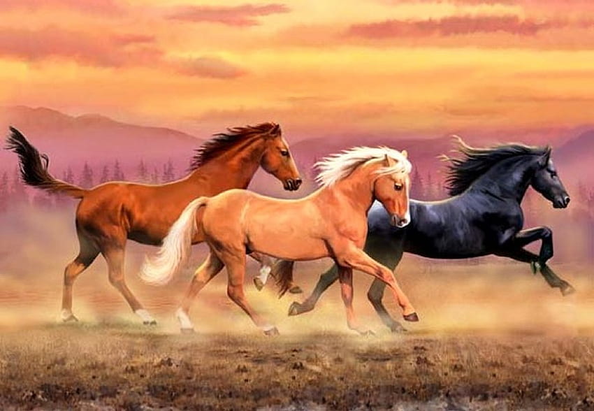 Por Howard Robinson, animal, caballo, pintura, arte, correr, howard robinson, puesta de sol fondo de pantalla