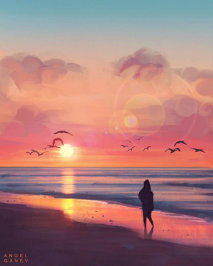 นก พระอาทิตย์ตก ศิลปะ ทะเล ชายหาด เงา วอลล์เปเปอร์โทรศัพท์ HD