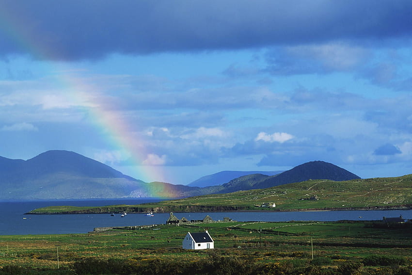 Ireland Rainbow Over Cottage. Ballinskellig. Ring of Kerry. County HD wallpaper