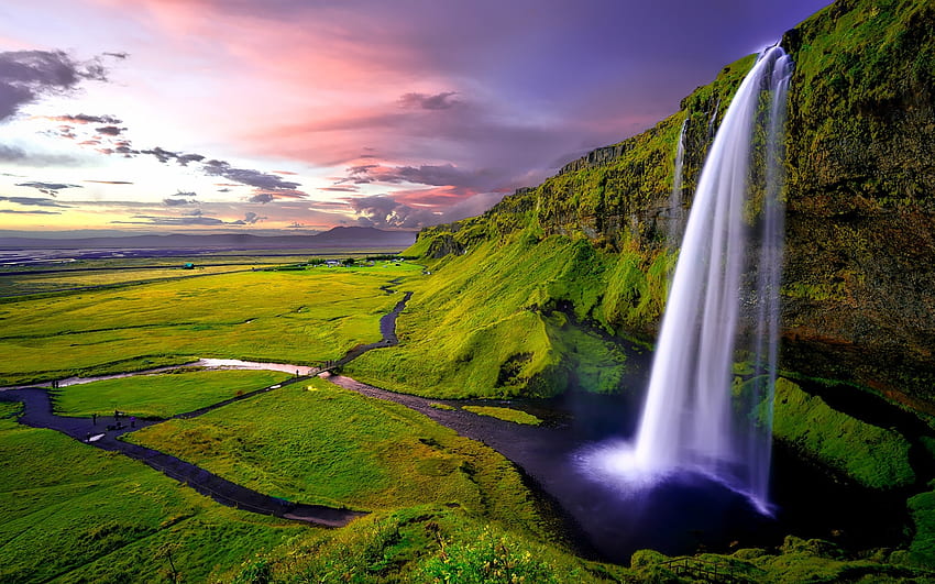 Waterfall Sunset, landscape, waterfall, waterfalls, nature, grass, sunset HD wallpaper