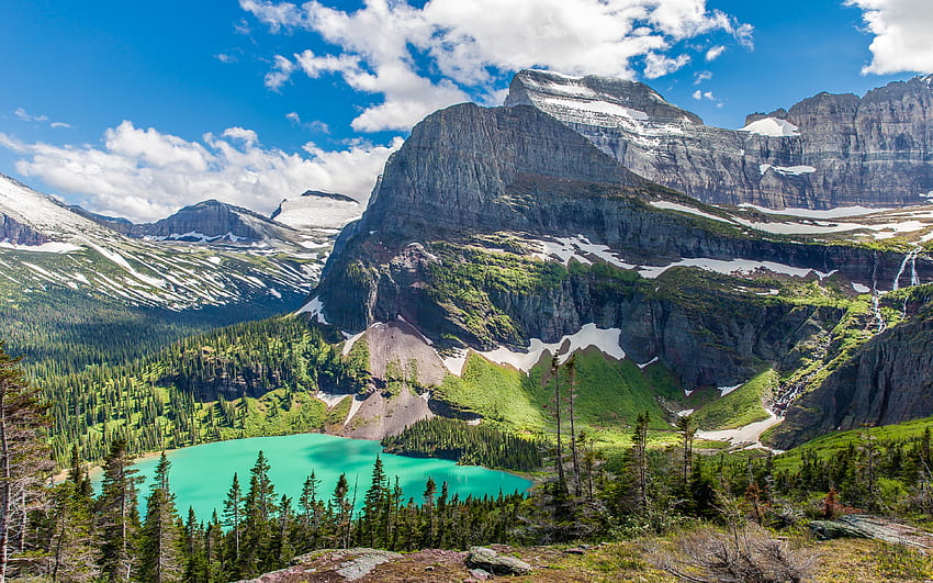 빙하 국립 공원, 여름, 청록색 호수, 산, 빙하 호수, 아름다운 자연, 미국, 미국 HD 월페이퍼