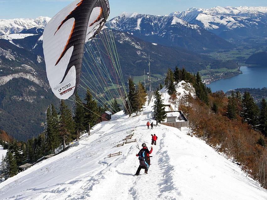 Sport, góry, śnieg, droga, ekstremalne, spadochron, lądowanie Tapeta HD