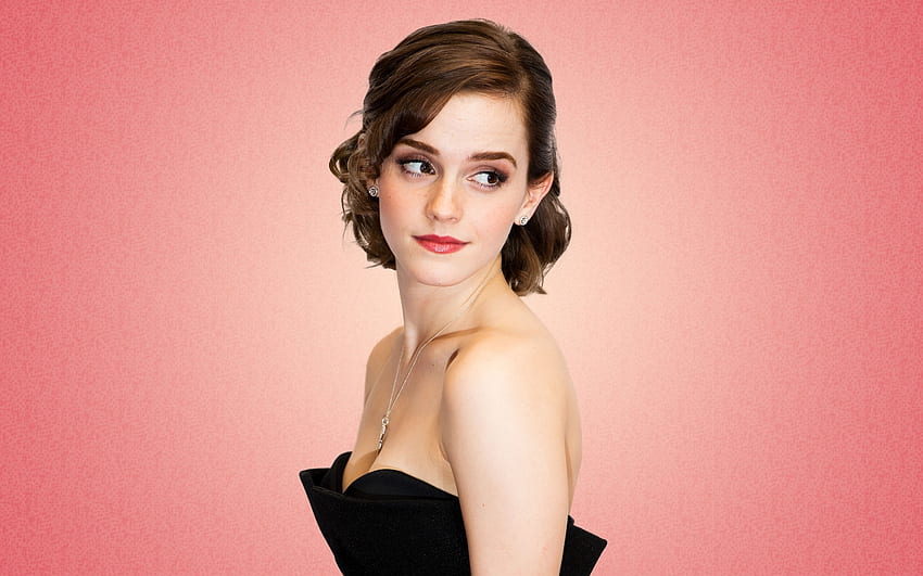 Emma Watson, gaun hitam, Aktris, muda, rambut cokelat, gadis cantik, dinding merah jambu Wallpaper HD